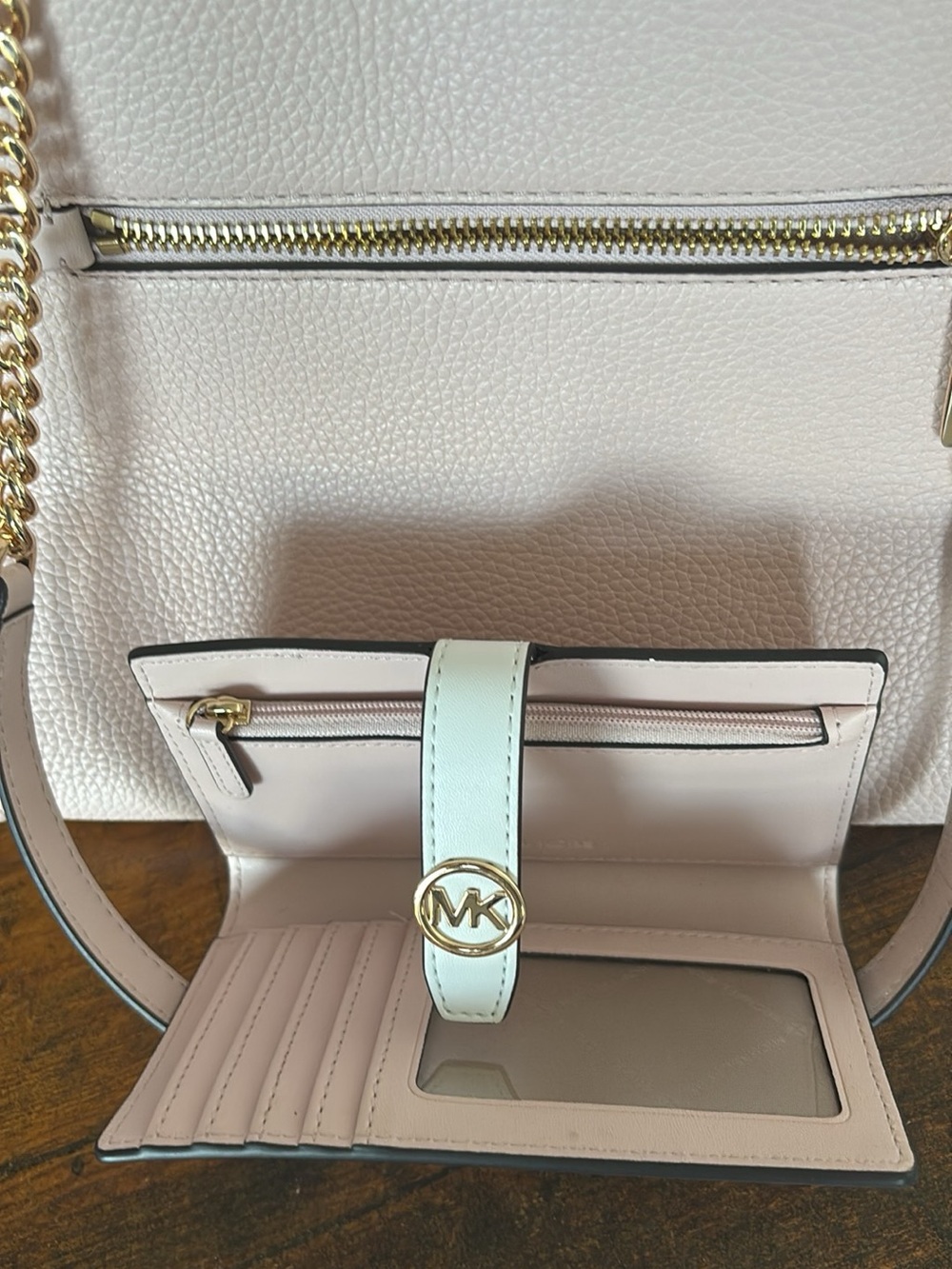Michael Kors Light Pink Leather Wallet Crossbody with Gold MK Accent